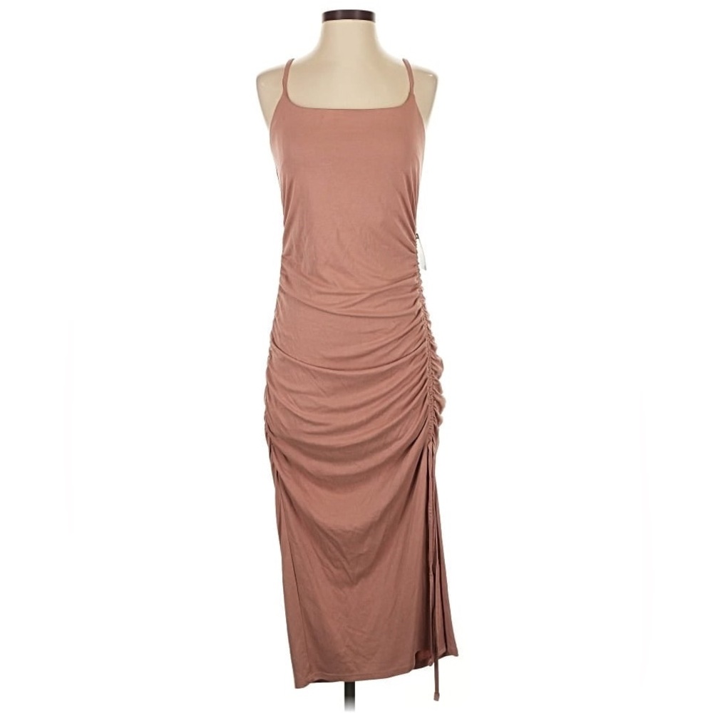 Express Ruched Midi Dress in Warm Brown Small Spaghetti Strap Slit